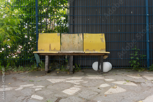 Rustic Yellow Bench with Balloons photo