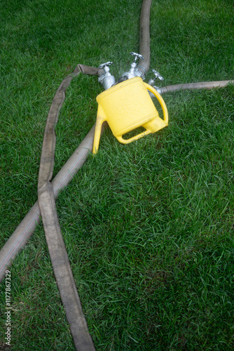 Yellow Watering Can and Hoses on Green Grass photo