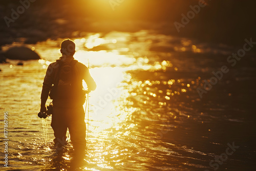 Silhouette of a Person Fly-Fishing in a River at Golden Hour-