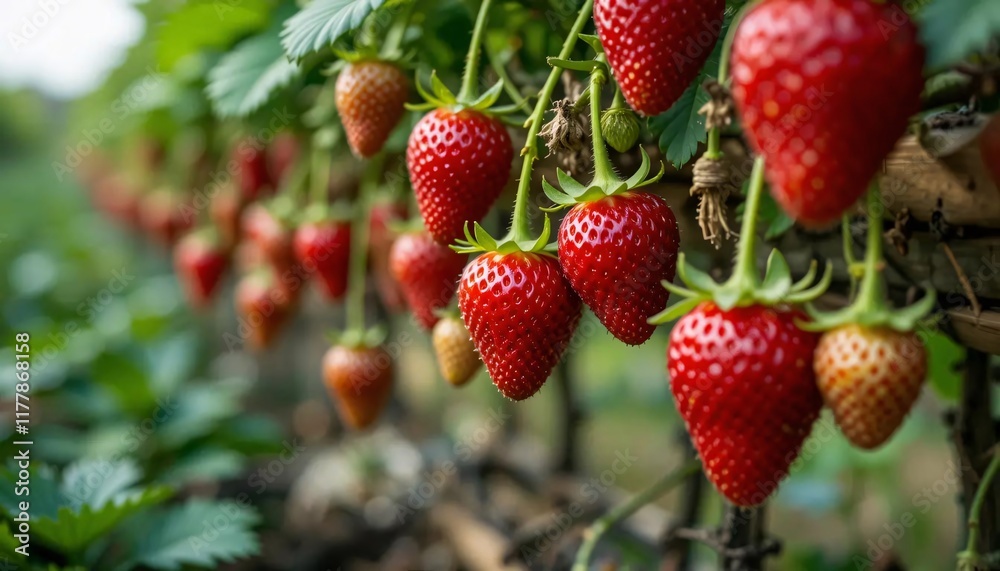 Ripe Red Strawberries Growing on Vine Ripe Red Strawberries Growing on Vine