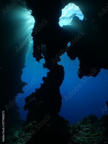 sun rays sun beams and sun shine underwater in cave photo