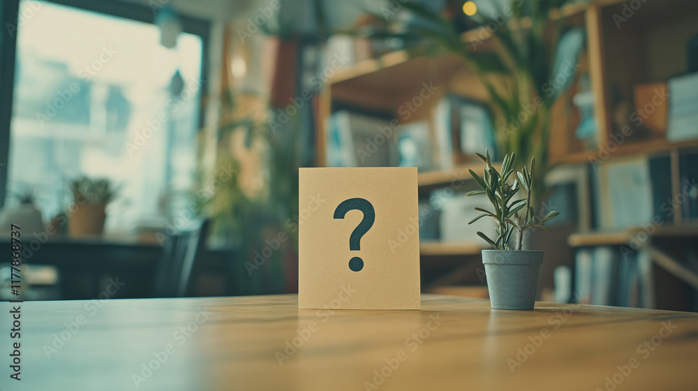 Fototapeta premium Text question mark who on a small paper note on the table. answer the solution to the problem, faq sign information, business help and communication concept, questionnaire message.