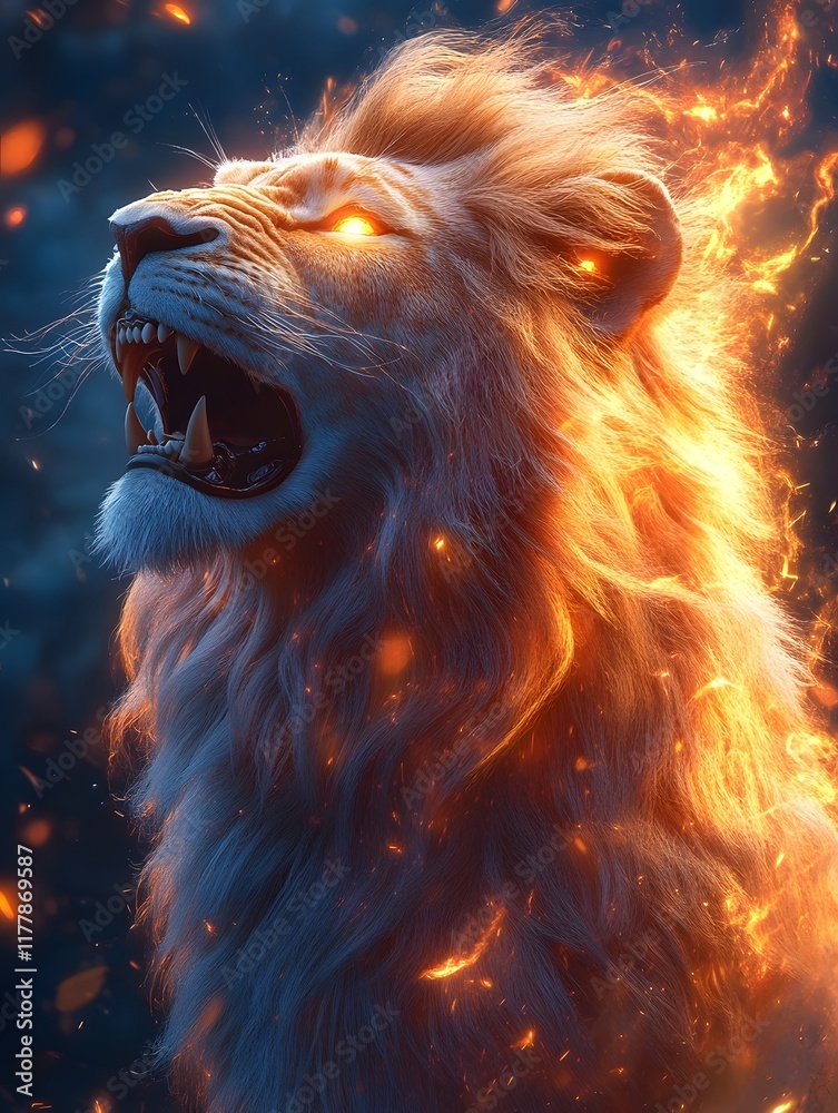 Naklejka premium Fearsome Fiery Lion Roaring in Mystical Blaze