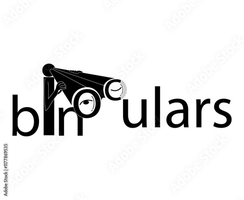 Illustration of binoculars, held by a man and looking into it. Drawing is made using a word. Vector illustration in black isolated on a white background