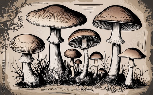 mushroom decor, Detailed illustration of various mushrooms in a natural setting.