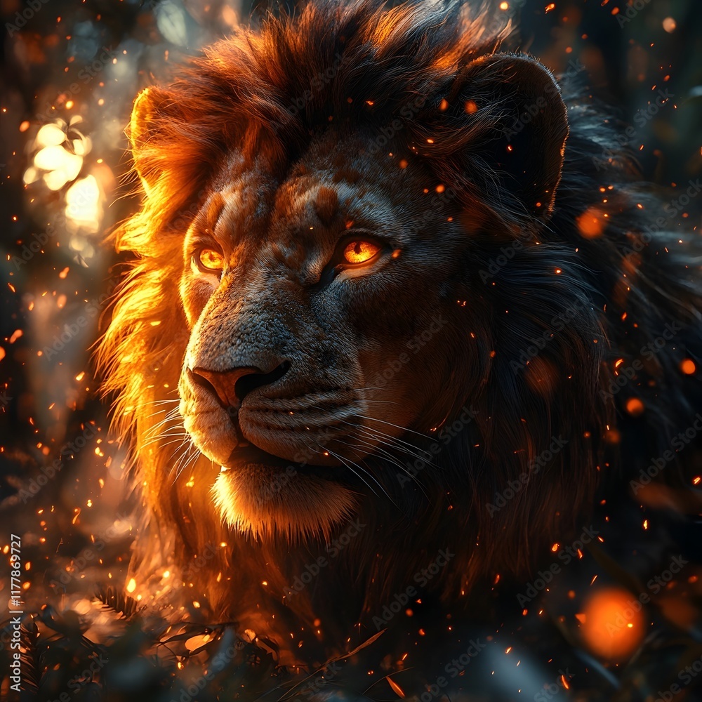 Naklejka premium Majestic Golden Lion Unleashing Fiery Roar in Mystical Glowing Wilderness