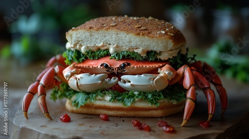 Elegant photo of a sandwich designed like a crab, minimalist and high-resolution photo