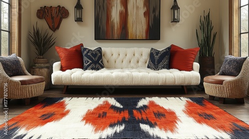 Elegant living room with off-white sofa, red and blue rug, and southwestern decor. photo