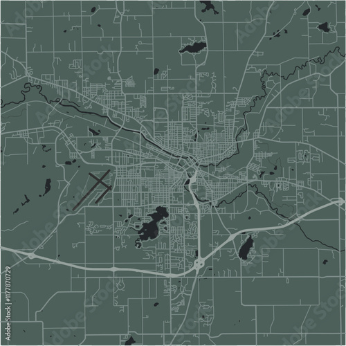 Map of Battle Creek in Michigan in a smooth dark style. Contains layered vector with roads water, parks, etc.