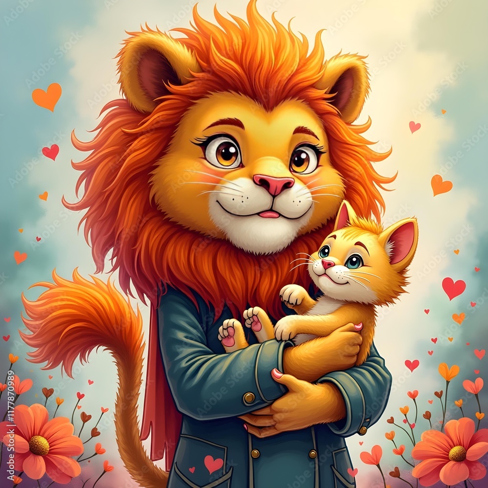 Obraz premium Lion and cute cat 