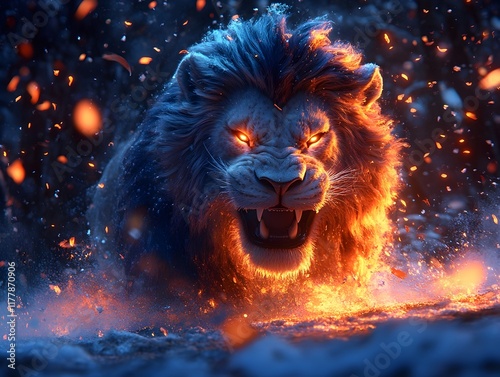 Powerful lion roaring with fiery explosion and water splashing in the background