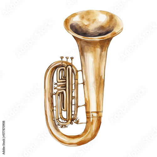 A watercolor vector of a tuba, isolated on a white background. Musical instrument vector.
