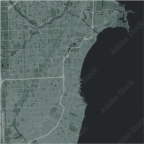 Map of Saint Clair Shores in Michigan in a smooth dark style. Contains layered vector with roads water, parks, etc.