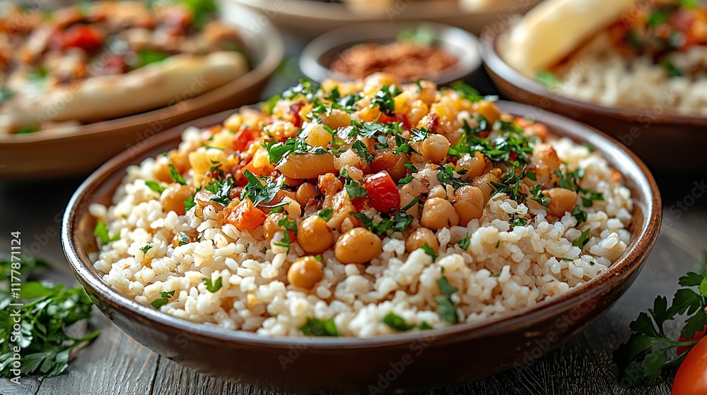 Chickpea and vegetable stew on rice, table setting background. Chickpea and vegetable stew on rice, table setting background.