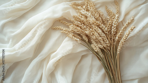 Top above view of wheat cereal grain bouquet on white robe or cloth on wooden table. copy space, organic harvest season, traditional homemade bakery recipe.