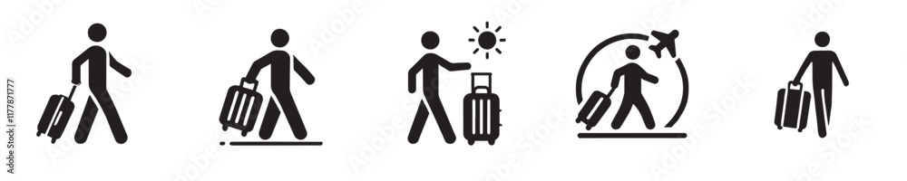 Vector collection of icons of people walking carrying suitcases Vector collection of icons of people walking carrying suitcases