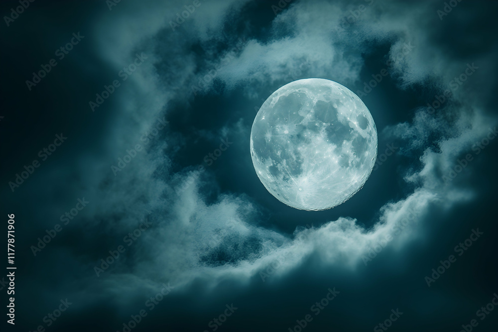 Spooky full moon night with cloudy sky, creating an eerie and atmospheric background Spooky full moon night with cloudy sky, creating an eerie and atmospheric background