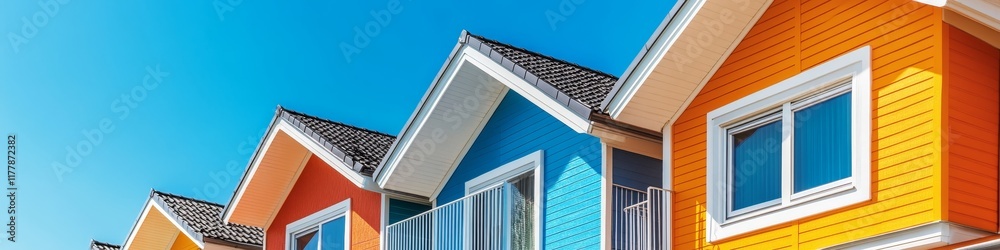 Colorful row of modern houses under a clear blue sky, showcasing vibrant architecture. Colorful row of modern houses under a clear blue sky, showcasing vibrant architecture.