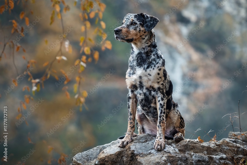 Catahoula Leopard Dog on rocky ledge overlooking lake Catahoula Leopard Dog on rocky ledge overlooking lake