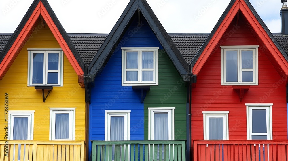 Colorful houses in a row featuring yellow, blue, green, and red exteriors. Colorful houses in a row featuring yellow, blue, green, and red exteriors.