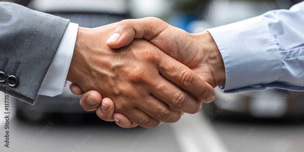 Handshake between sales representatives signifies successful negotiation outdoors during day Handshake between sales representatives signifies successful negotiation outdoors during day