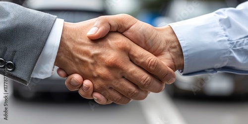 Handshake between sales representatives signifies successful negotiation outdoors during day