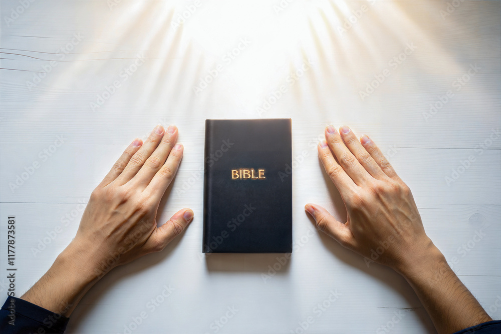 Hand praying over Bible book, prayer, culture and religion background, template, copy space area