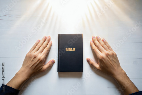 Obraz na płótnie Hand praying over Bible book, prayer, culture and religion background, template, copy space area w salonie