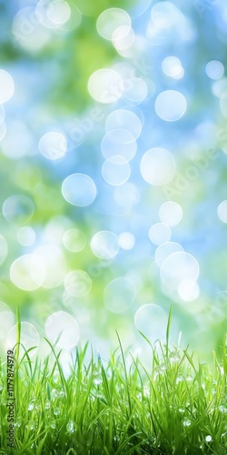 A field of green grass with a blue sky in the background. The grass is wet and the sky is bright and clear