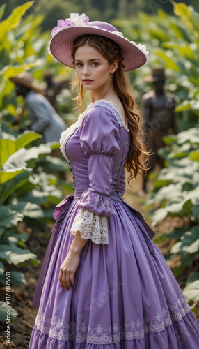 Aristocratic girl of the 18th century in a purple dress with a crinoline and lace is in a tobacco plantation, on which people are visible harvesting tobacco