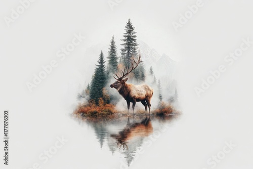 Majestic elk stands by tranquil lake surrounded by towering pine trees in misty morning light. Generative AI