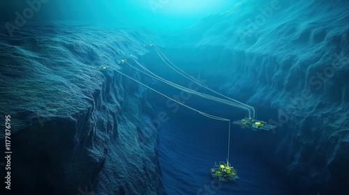 Underwater vehicles explore deep ocean canyon.