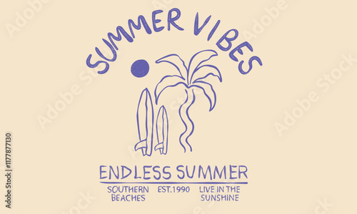 Endless summer. Abstract palm tree and surfboard  art . Summer good vibes vector graphic design for apparel, stickers, posters, background and others. Live in the sunshine.