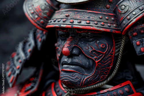 Generative AI Image of Futuristic Samurai in Metal Mask with Glowing Red Eyes and High-Tech Armor photo