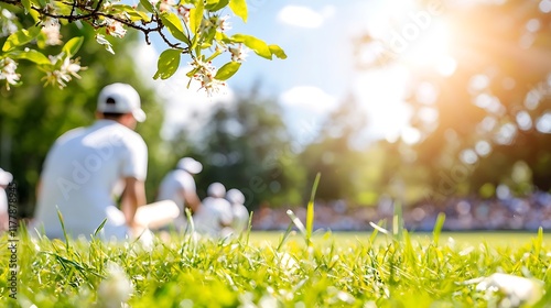 Sunny day at a cricket match, players resting on the grass, spectators in background. photo