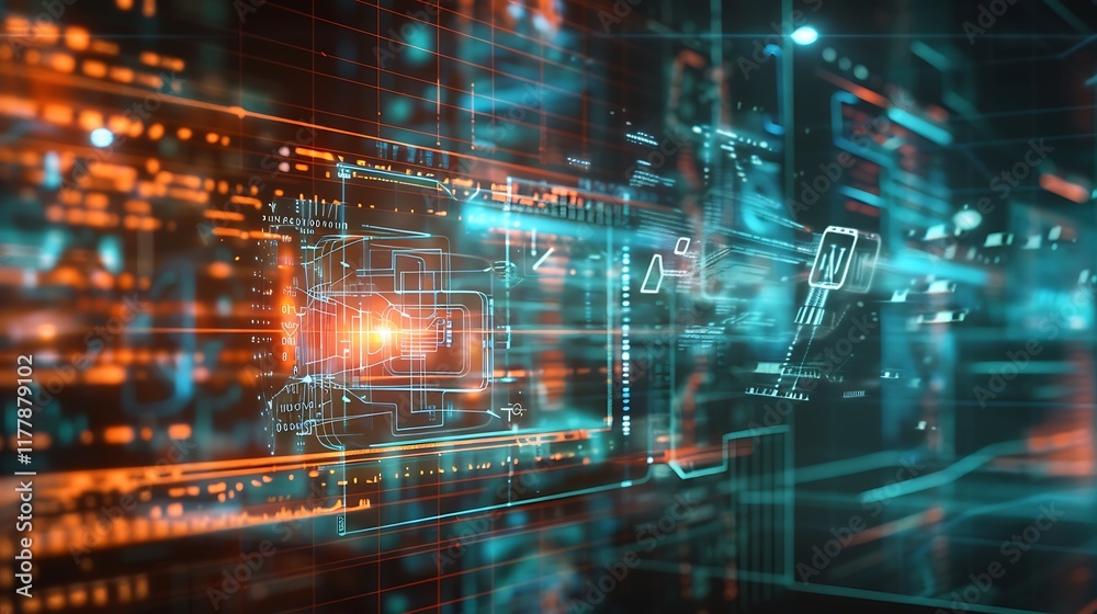 Fototapeta premium A laser beam illuminating AI-generated digital blueprints on a transparent screen, demonstrating how technology helps visualize complex data models.