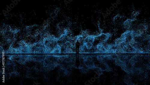 Man's silhouette against a blue tech particle background