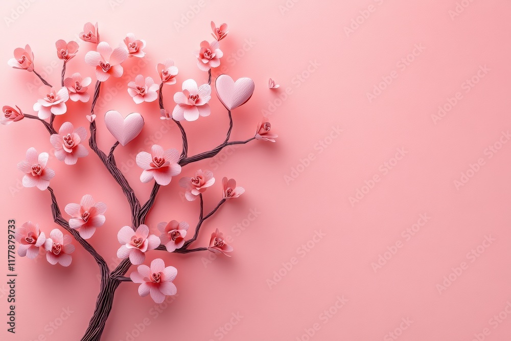 Fototapeta premium Artistic Paper Tree with Branches and Blooming Flowers on Pink Background