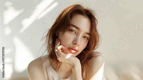 Natural beauty portrait of a Korean model with soft brown hair, warm lighting, and radiant skin, perfect for beauty campaigns, self-care promotions, or cosmetic branding visuals photo