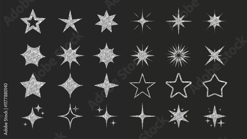 Silver star set. Glitter textured stars icons isolated on black background for your design. Achievement icons. Vector EPS 10