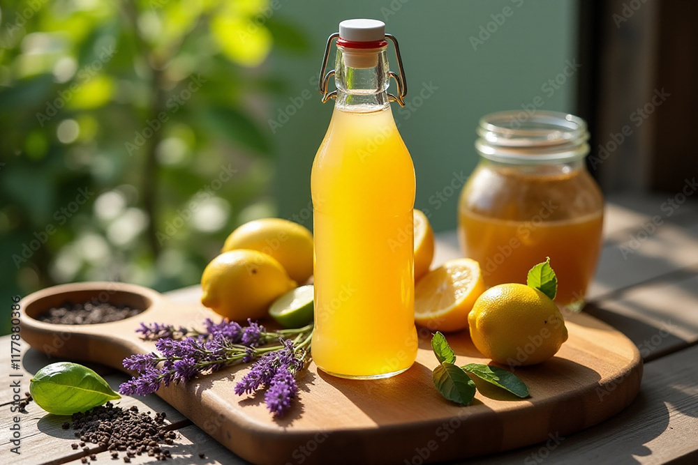 A refreshing bottle of homemade lemonade displayed with fresh lemons, herbs, and a jar of lemon syrup on a wooden cutting board. A refreshing bottle of homemade lemonade displayed with fresh lemons, herbs, and a jar of lemon syrup on a wooden cutting board.