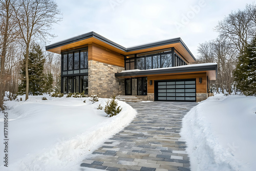 Modern home driveway cleared of snow after a heavy winter storm