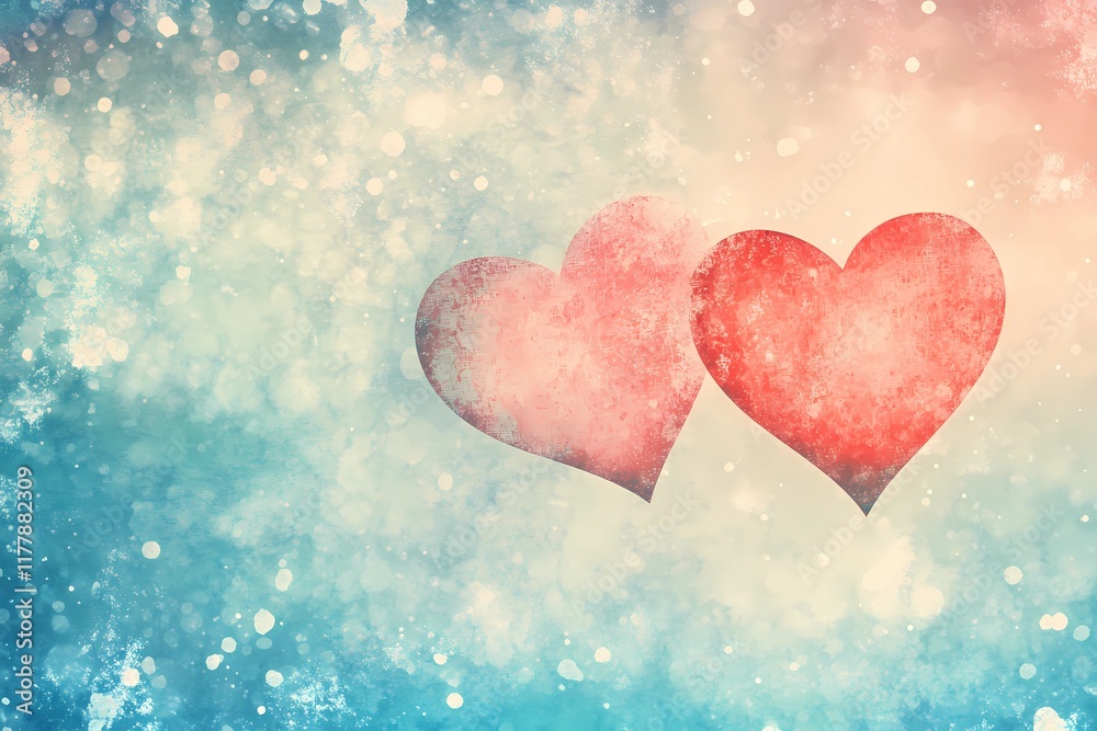 Obraz premium Romantic vintage Valentine's Day illustration with two textured red hearts on a soft pastel blue and beige bokeh background, perfect for greeting cards, banners, posters, or designs for February 14 