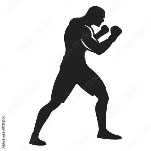 Vector silhouette of a boxer in a fighting stance, mid-action,  