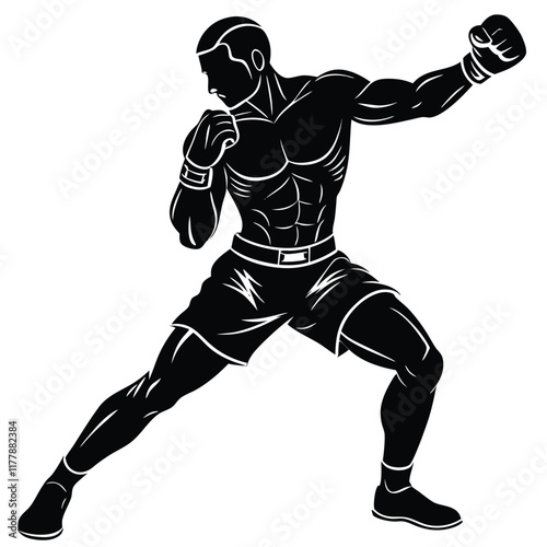Vector silhouette of a boxer in a fighting stance, mid-action,  