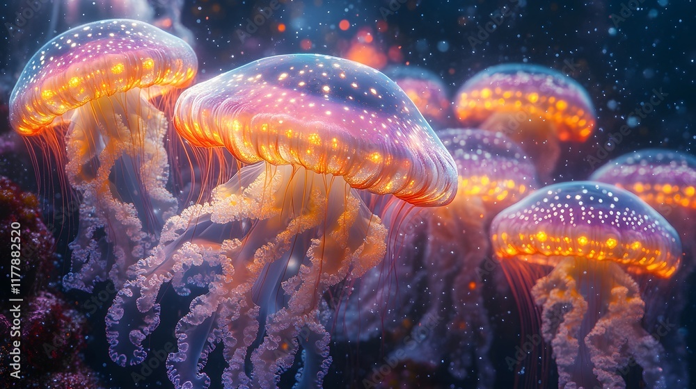 Surreal Jellyfish Drifting Through a Neon Lit Underwater Realm with Psychedelic Tentacles Surreal Jellyfish Drifting Through a Neon Lit Underwater Realm with Psychedelic Tentacles