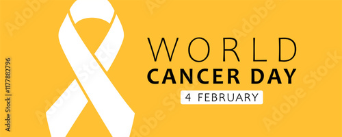 World Cancer Day, vector web banner design. Text World Cancer Day, 4 february and white ribbon on yellow background.