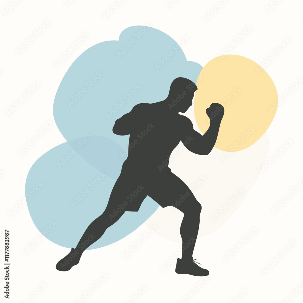 Naklejka premium Vector silhouette of a boxer in a fighting stance, mid-action,