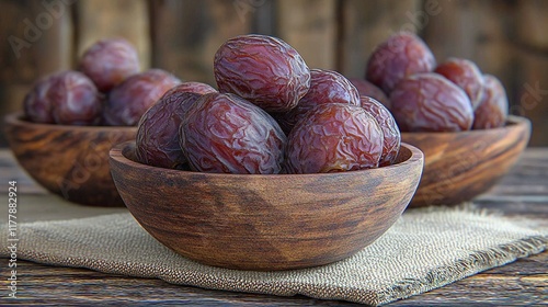 Dates in wooden bowls on rustic table with wood background. photo