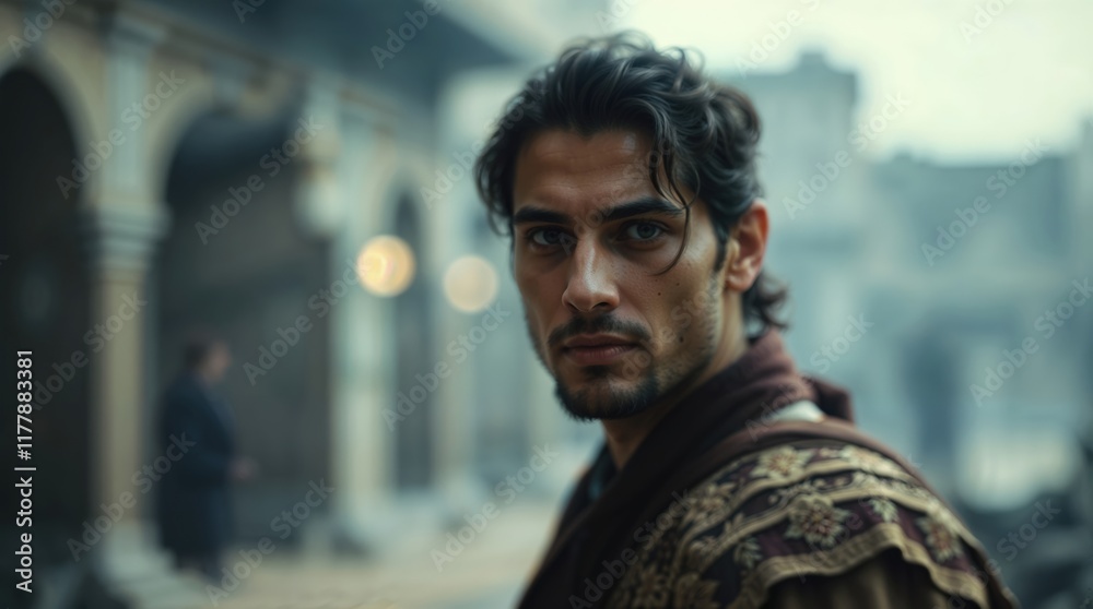 A man with a serious expression stands in a historical setting, wearing ornate clothing. The background is blurred, suggesting an old city street with arches and soft lighting. A man with a serious expression stands in a historical setting, wearing ornate clothing. The background is blurred, suggesting an old city street with arches and soft lighting.